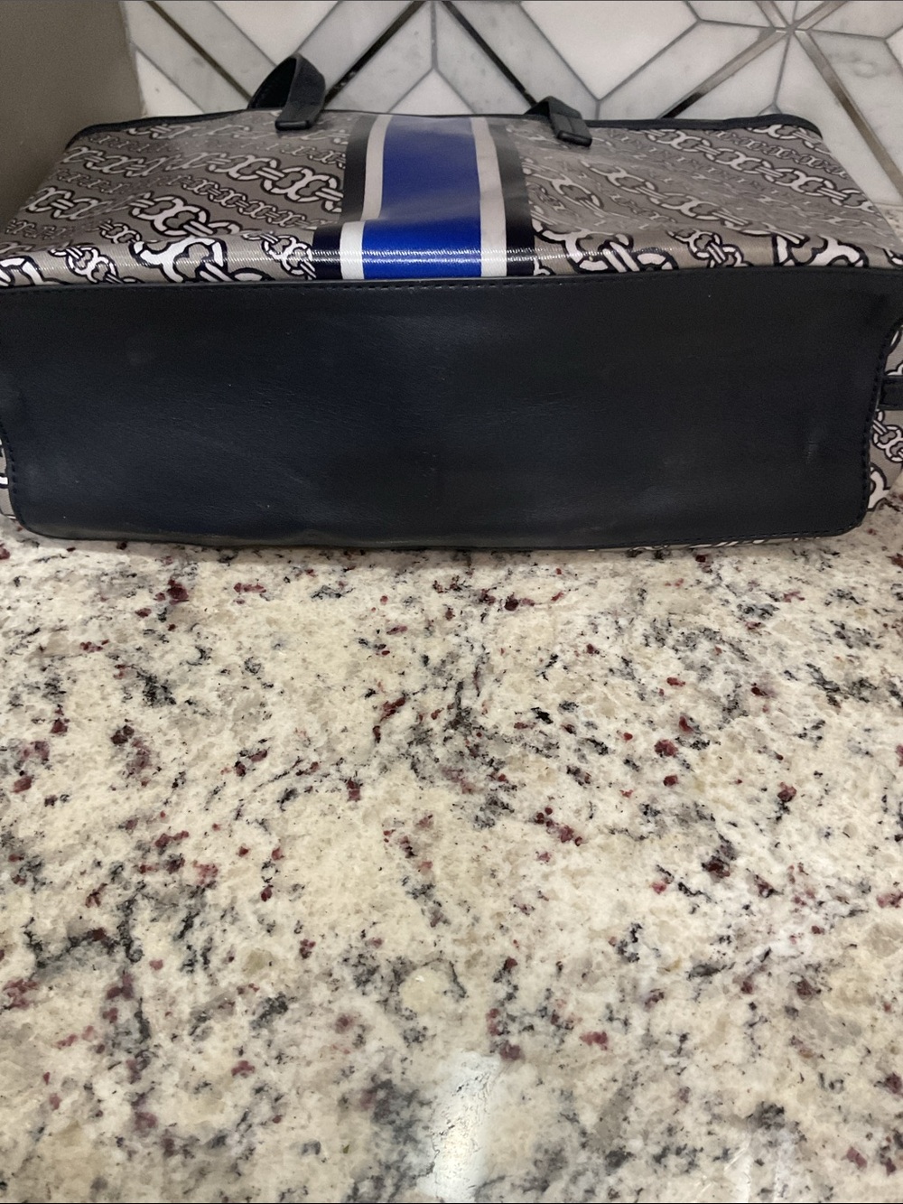Tory Burch Blue and Black Stripe Monogram Tote - Picture 2 of 3